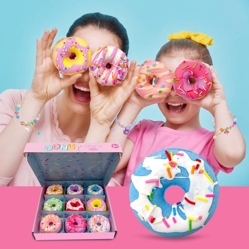 Donut Bath Bombs for Kids Girls, Natural and Safe Kids Bath Bombs with Bracelets Inside for Birthday, Calming and Long-Lasting Scent