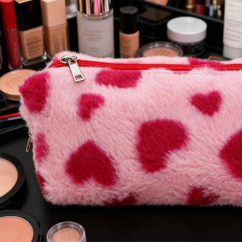 HABUAETY Makeup Bag Small Cosmetic Bags for Purse Women Girls Plush Simple Heart Make Up Pouch