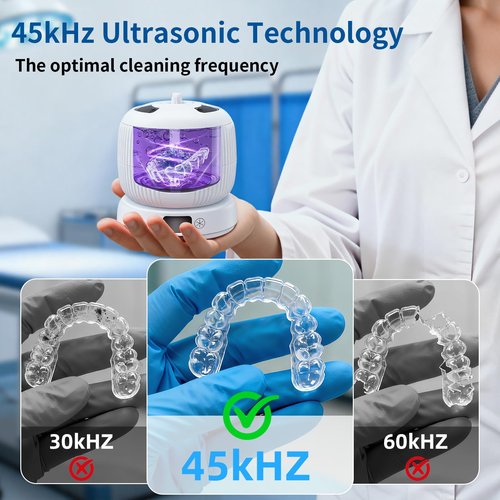 2025 Upgraded Ultrasonic Retainer Cleaner Machine,Separate Retainer Cleaner for Night Guards, Braces, Aligner, Jewelry, 4 Modes Denture Cleaner & Removable Base and Top Cover(White)