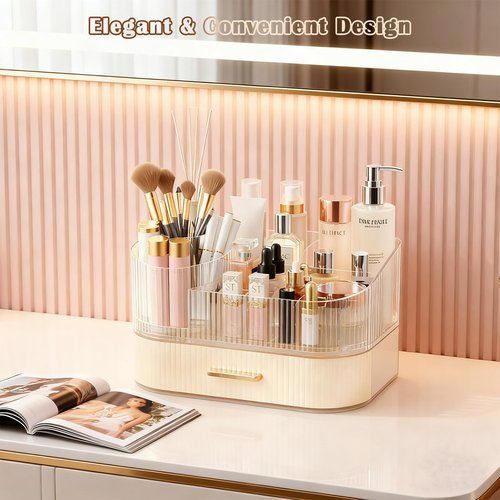 ShinyDew Makeup Organizer Countertop with 360 Rotating Brush Holder, Make Up Organizers For Vanity With Drawer, Bathroom Countertop Skincare Organizer And Storage