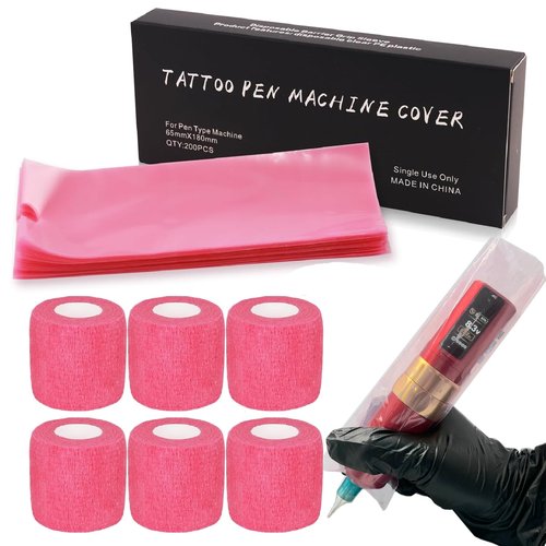 206PCS Tattoo Machine Covers with Grip Wrap - SOTICA 200PCS Pink Tattoo Pen Covers 2.56×7.1" Machine Wraps and 6PCS Black Self-Adhesive Bandage for Tattoo Supplies