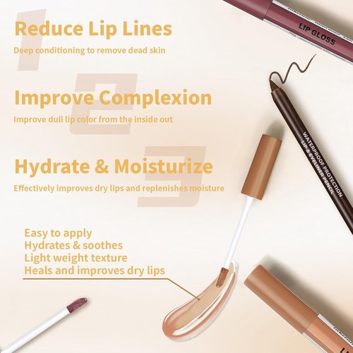 HOSAILY Nourishing Lip Gloss Kit - Hydrating, Non-Sticky Plumping Lip Oil & Liner Combo | Natural Nude Tints