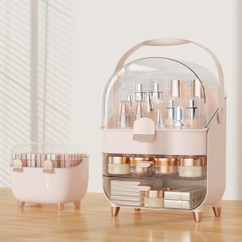 CLBDRESS Makeup Organizer for Vanity with perfume Storage Box, Countertop Skincare Organizer with 2 Drawers, Cosmetic Display Case for Perfumes, Eyeshadow Palettes, Nail Polishes, Pink