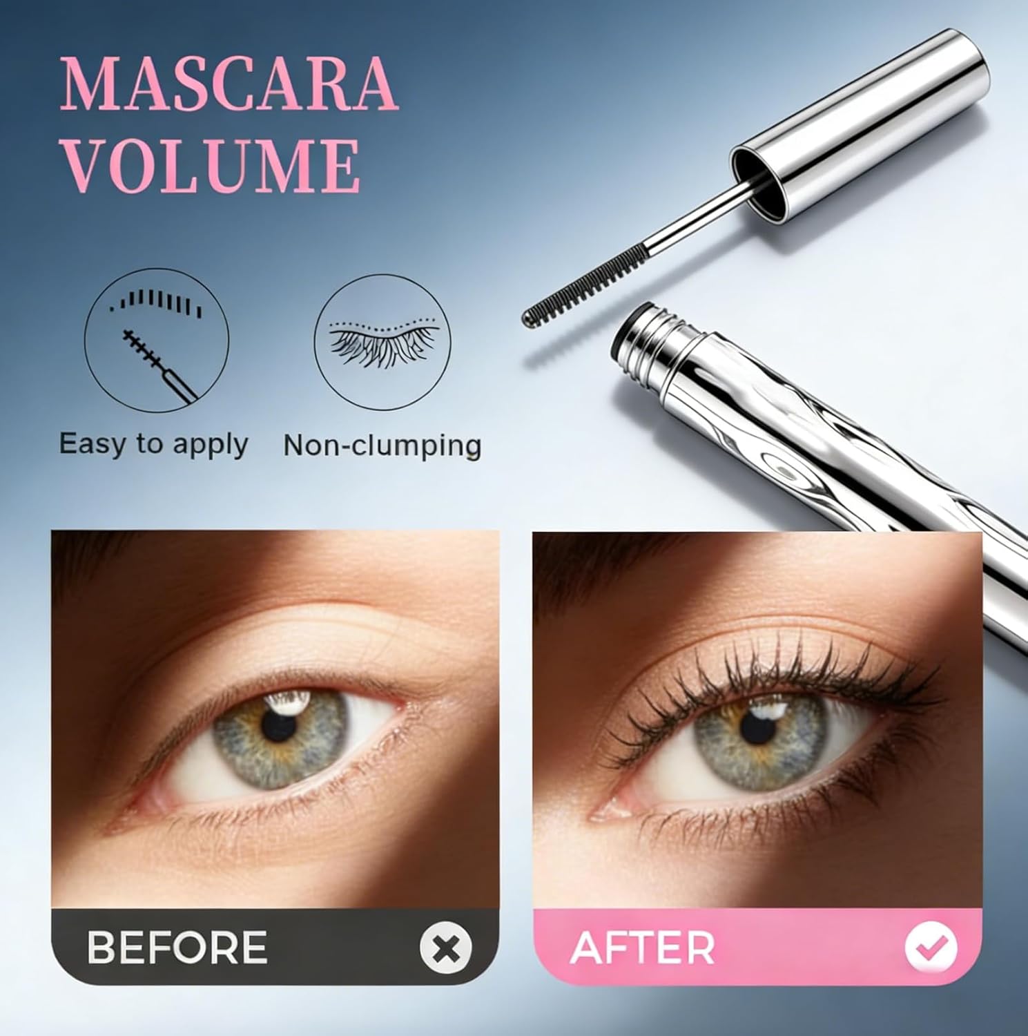Upgraded Iron Metal Wand Mascara - Waterproof, Long-Lasting 3D Curling Formula | Smudge-Proof & Flake-Free (Black)