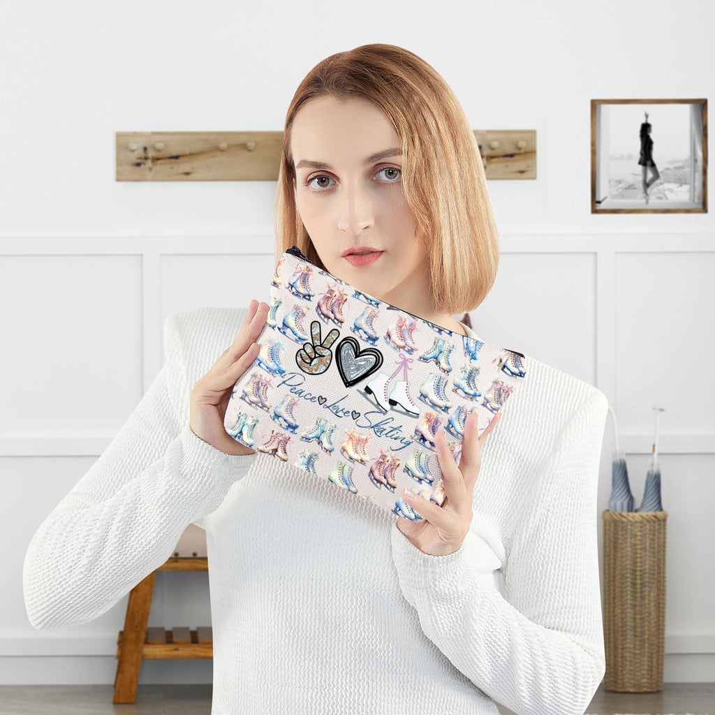 WZMPA Ice Skating Cosmetic Make Up Bag Figure Skating Inspired Gift Peace Love Skating Makeup Zipper Pouch Bag Skating Ice Merchandise (Peace Skating F)