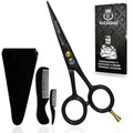 5" Professional Mustache & Beard Scissors With 1 Beard, 1 Mustache Comb & Travel Pouch, Stainless Steel Black Mustache & Beard Trimming Scissors for Men Facial Hair and Grooming.