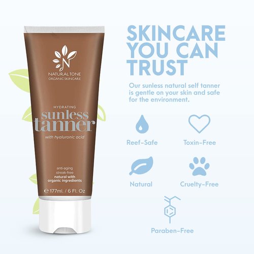 Natural Tone Organic Skincare Hydrating Sunless Tanner with Hyaluronic Acid, Aloe Vera-Based Self Tanning Lotion, Easy to Apply Self Tanner for Face and Body, 6 fl oz