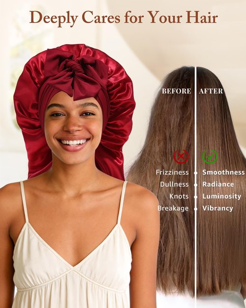 AWAYTR Long Satin Bonnet for Women - Double Layer Elastic Silk Bonnet for Braids Hair Sleeping Cap with Tie Band (Wine Red)