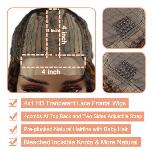 Labamiya Highlight Deep Wave Human Hair Wig 4x1 T Closure Glueless Wigs Human Hair Pre Plucked Pre Cut Lace Closure Glueless Wigs Elastic Band 200% Density P4/30 Honey Blonde Color
