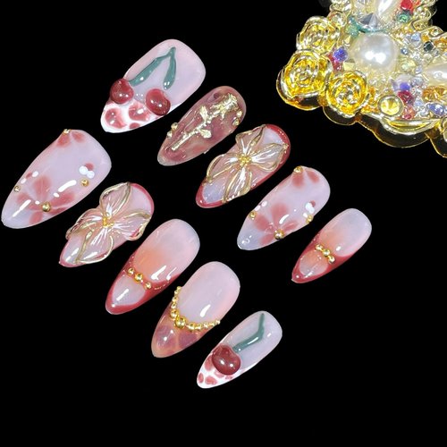 Handmade Press On Nails Medium Almond Elegant 3D Cherry & Gold Floral Accent False Nails | Nude Pink Base with Wine-Red Tips, Reusable Acrylic Fake Nails (Wine Cherry, L)