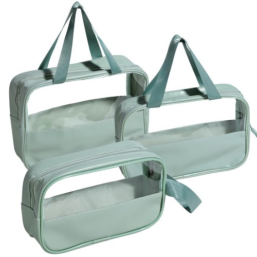NVTED 3PCS Clear Hanging Travel Toiletry Bag, Cosmetic Bags Set Waterproof Transparent PVC Travel Makeup Pouch Carry on Travel Organizer Bag (Green)