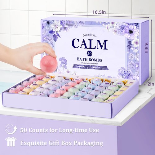 TranquilBliss Bath Bombs for Women, 50 PCS Set with 10 Rich Scents, Natural Bubble Bathbombs, Dry Skin Moisturizing, Present for Christmas, Mother’s Day, Birthday, for Mom, Wife, Her, Girls