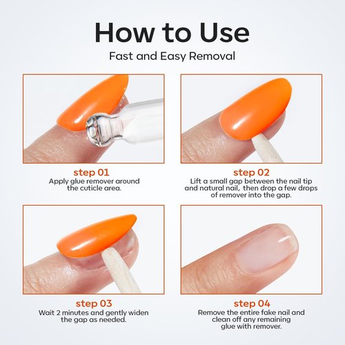 modelones 30ml Nail Glue Remover for Press On Nails, Upgrade Clear Stick On Nails Remover for Acrylic Tips, Nail Polish Remover with Wood Stick