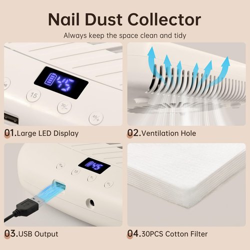Nail Dust Collector CHRISTINE SHELLY, Cordless Rechargeable 4500RPM Vacuum Nail Tech Fan Extractor, 7200mAh Professional Duster Suction, Low Noise for Women Girl Gift