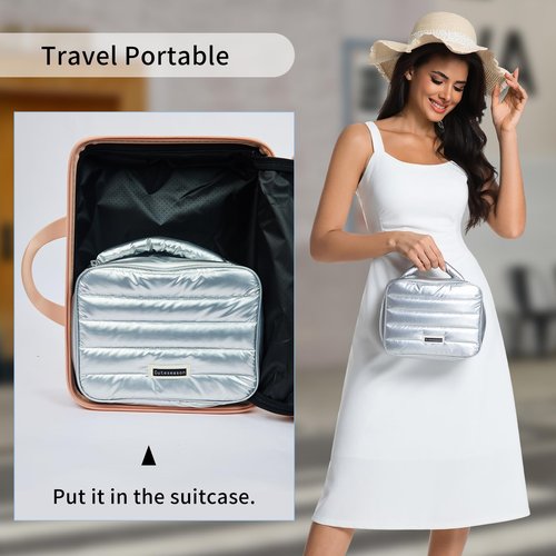 Cuteseason Puffy Quilted Silver Makeup Bag for Women, Large Waterproof Cosmetic Bag with Compartments, Travel Toiletry Organizer Pouch(Black, L)