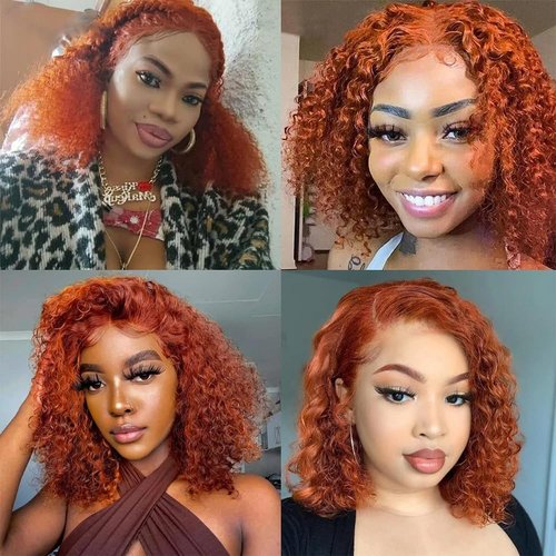 GOLFMAX 8 Inch Curly Bob Wig Ginger Lace Front Wigs Human Hair Short Bob Wig Human Hair Water Wave 13x4 Transparent Lace Front Wigs Pre Plucked