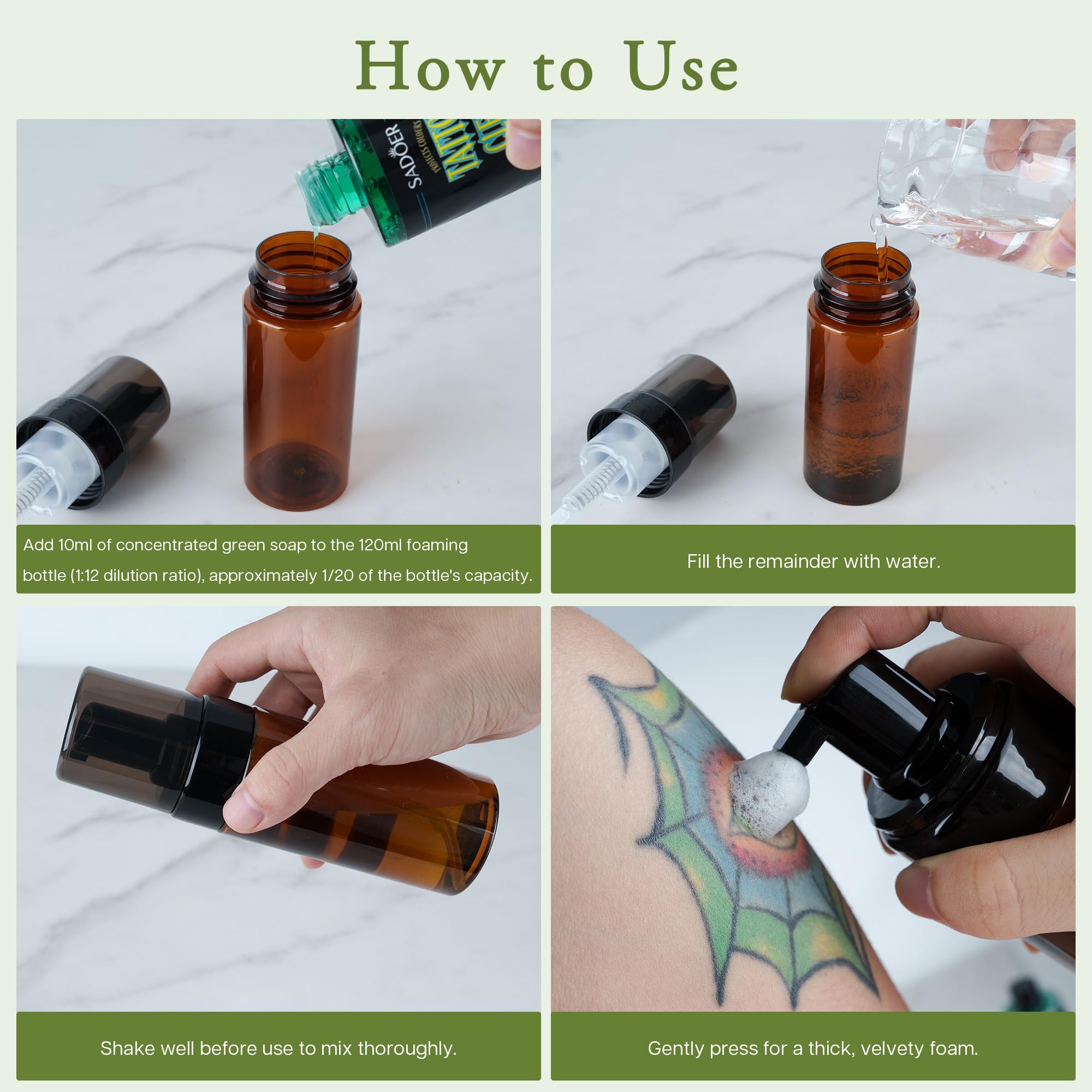VRAIKO SADOER Ultra-Concentrated Tattoo Green Soap 10oz with Foaming Bottle 120ml, 1:10 Dilution Tattoo Soap Supplies for Tattoos Piercings, Clean Skin Equipment