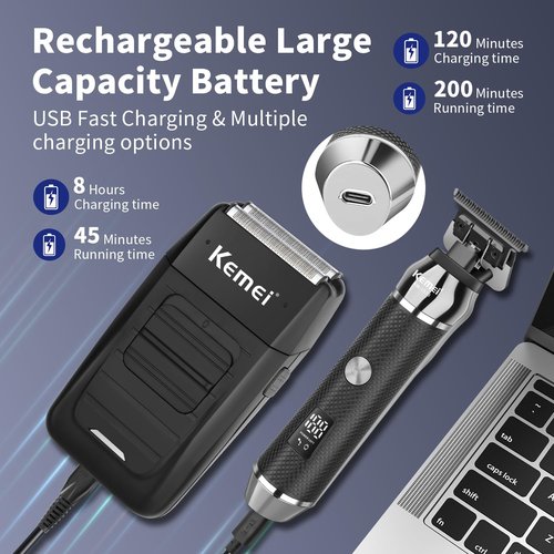 KEMEI Professional Beard Trimmer for Men, Electric Foil Shaver & Men's Facial Grooming Set, Cordless Bald Head Precision Trimmer, Rechargeable Foil Shaving Kit, Gifts for Men