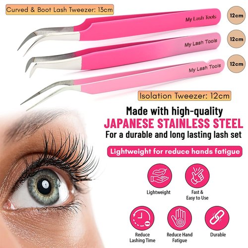 3pcs Micro Grip Lash Tweezers Set – Curved Classic, Boot Volume & Lightweight Isolation for Eyelash Extensions, Stainless Steel, Non-Slip, Professional Fiber Tip Tweezer Application Kit