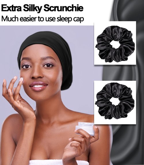 2pcs Satin Bonnet for Sleeping Night Cap, Satin Lined Silk Bonnet Large Sleep Cap for Curly Braids Hair Beanie Black Women