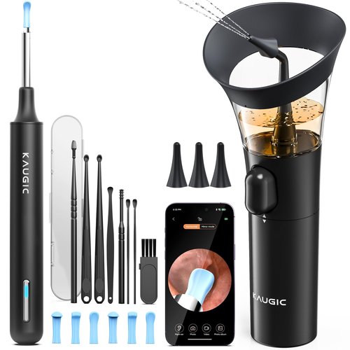 KAUGIC Ear Wax Removal - One-Hand Manual Ear Cleaner with Camera, 7 PCS Ear Spoons, Safe Ear Irrigation Kit for Adults (Black)