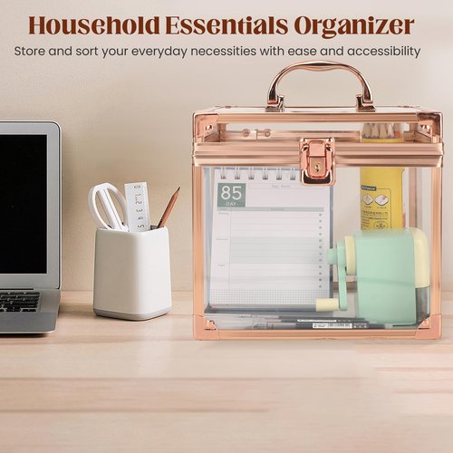 Donghome Crown Box 7.9 x 6.7 x 7.5inch, Clear Makeup Case,Cosmetic Organizer, Large Capacity Transparent Acrylic Artists Display Case for Vanity,Bathroom Counter or Dresser (Rose Gold)