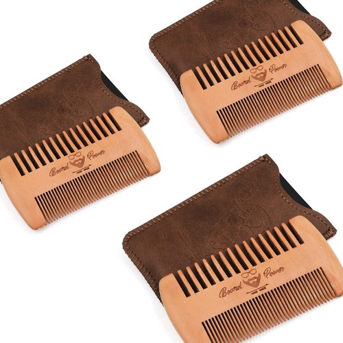 Menesia Wooden Beard Combs with Cases - Fine & Coarse Teeth, Pocket Comb for Beards, Mustaches & Hair, Brown Skull Design