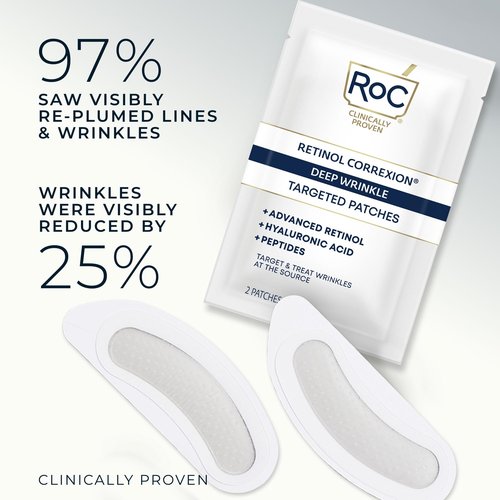 RoC Retinol Correxion Deep Wrinkle Non-Invasive Targeted Patches with Hyaluronic Acid + Firming Peptides for Forehead, 11 Lines, Crow’s Feet and Laugh Lines, (6 Patches) with Retinol Eye Packette