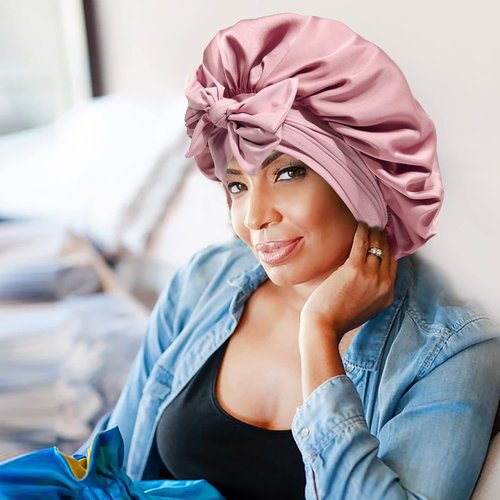 HAIMEIKANG Satin Bonnet for Women Silk Hair Bonnets for Sleeping Large Bonnets with Tie Band Night Cap Sleep Cap for Women Curly Night Cap(Bean Paste Color)