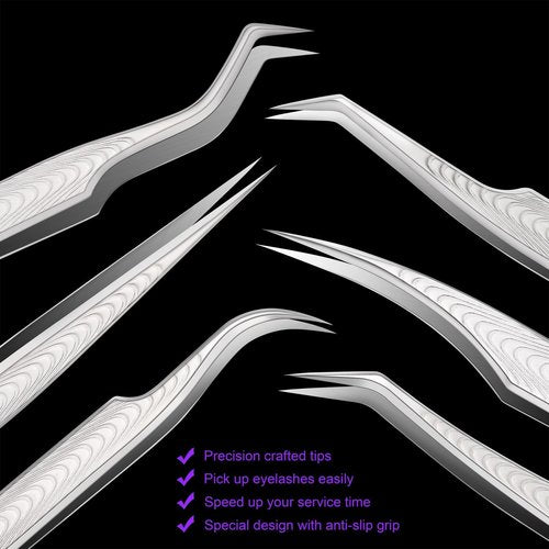 Lash Tweezers for Lash Extensions, High Precision Eyelash Tweezers Set for Individual Classic and Volume Lashes, Professional Lash Extension Tweezer Set for Lash Artists (Pack of 6, Sliver)