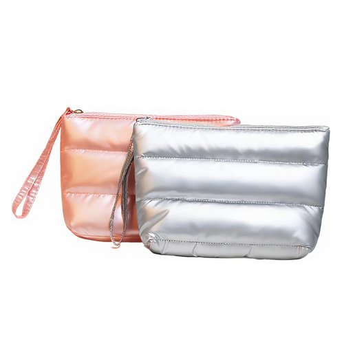 CHIC DIVINNA Quilted Makeup Bag, Pink Metallic Cosmetic Pouch, Puffy Travel Toiletry Bag for Women (Pink)