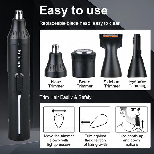 Fululuer Nose Hair Trimmer for Mens and Women | Rechargeable 4-in-1 Ear, Nose, Eyebrow & Beard Trimmers | 8500 RPM | USB Charging | Washable, LED Indicator (Jet Black)