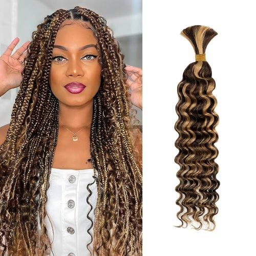 Human Braiding Hair for Boho Knotless Braids 1 Bundle 18 Inches 50g Deep Wave Bulk Human Hair for Braiding Hair Wet and Wavy 10A Brazilian Virgin Human Hair Balayage Brown to Blonde 4P27