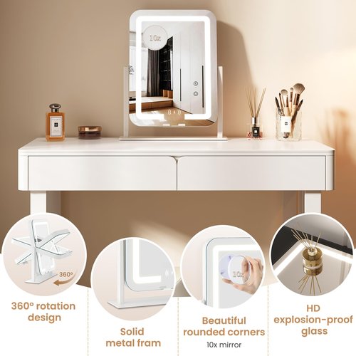 Dripex 5-in-1 Lighted Vanity Mirror with Bluetooth Speaker & Wireless Charging, 15"x12" LED Makeup Mirror with Lights 3 Colors Dimmable, Phone Holder Touch Keys 10X Magnification