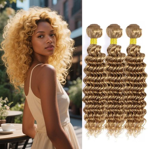Biliisyff Honey Blonde Bundles Color #27 Deep Wave Human Hair 8 10 12 Inch Color #27 Bundles Grade 8A Brazilian Virgin Hair Extensions Double Weft Soft Real Blonde Hair Weave