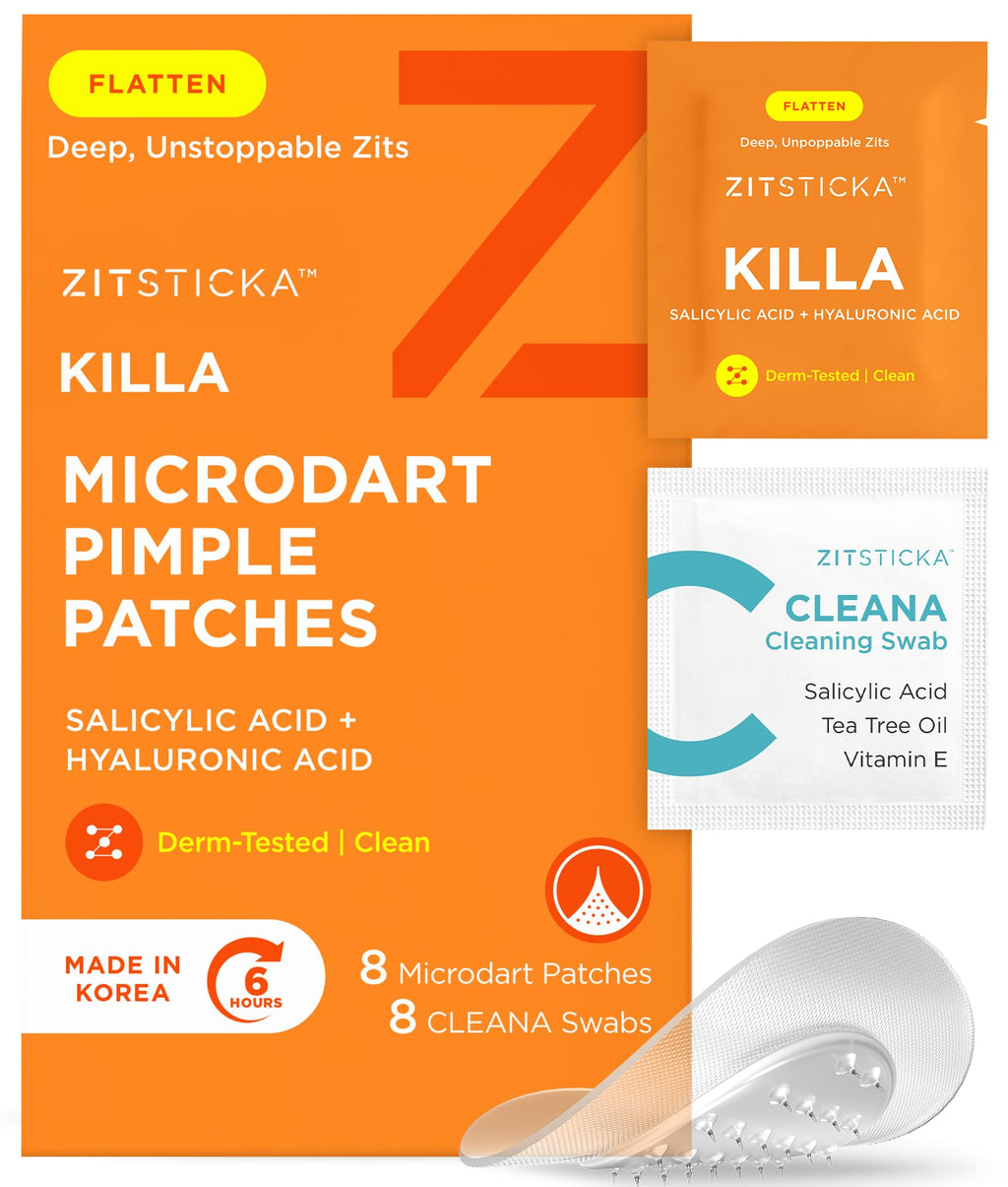 ZitSticka Killa Microdart Pimple Patches for Face - Most Potent Pimple Patch with Fast-Acting Microdarts - For Deep, Early-Stage Zits with Salicylic Acid - Regular 8 Count with Cleaning Swab