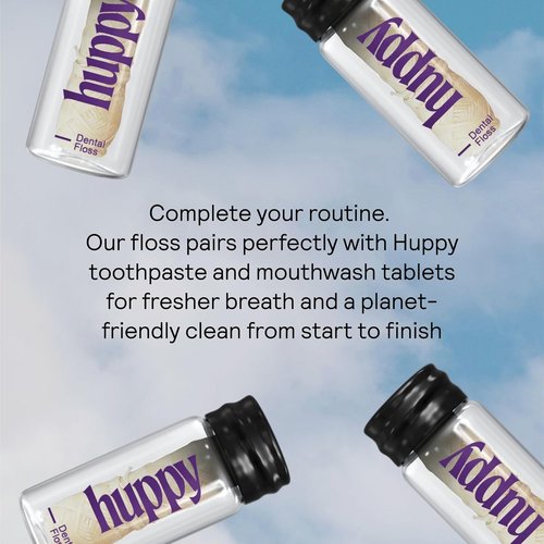 HUPPY Plastic-Free Vegan Dental Floss (2 Pack Refill) – Compostable Corn-Starch & Candelilla Wax Floss, Peppermint Scent, Strong & Gentle for Sensitive Gums, Eco Oral Care