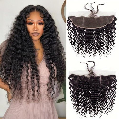 13x4 HD Lace Frontal Closure Deep Wave 16 Inch Ear To Ear Frontal Free Part Closure with Baby Hair Brazilian Virgin Curly Human Hair for Women Pre Plucked Frontals Closure Natural Black