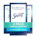 Secret Clinical Strength Antiperspirant Deodorant for Women, Free & Sensitive, 3X Stress Protection, 72hr Sweat & Odor Protection, PH Balancing Minerals, Soft Solid, Unscented, 1.6 oz (Pack of 3)