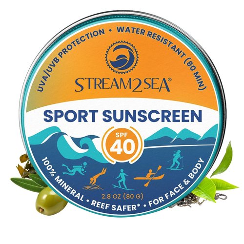 STREAM2SEA SPF40 Unscented Mineral Sport Sunscreen in Tin with EcoSafe Zinc for Face & Body, Natural Organic Biodegradable Coral Reef Safe Sunscreen, Travel Size, Mineral Based, 2.8 oz