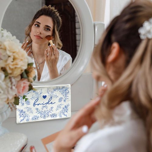 LADY&HOME Bride Makeup Bag Blue Bride Bag for Bridal Shower Wedding Engagement Gifts