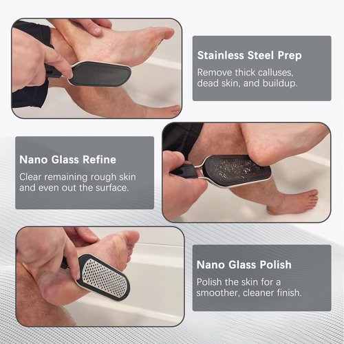 FREATECH Nano Glass & Stainless Steel Foot File 2-in-1 Foot Rasp for Callus Remover, Professional Pedicure Tool for Hard Cracked Dead Heel Skin, Smooth Exfoliating Heel Care for Home Spa Shower