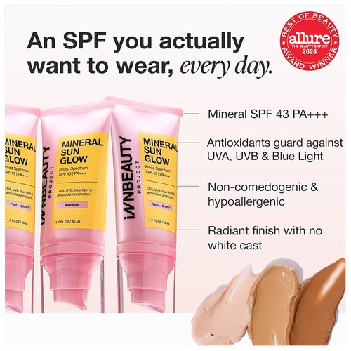 INNBEAUTY PROJECT Mineral Sun Glow Sunscreen SPF 43 | Broad Spectrum Protection, Medium Tint, 1.7 OZ