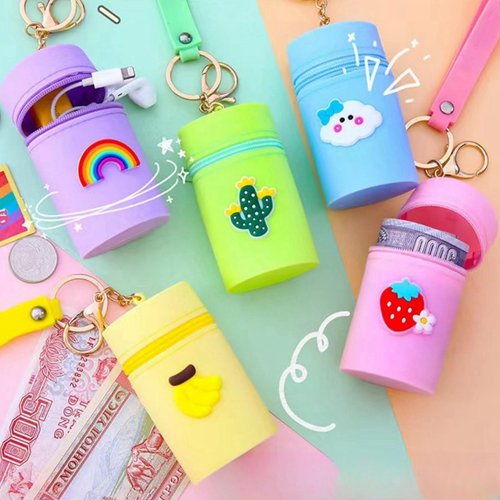 CECKQUE Cute Mini Silicone Coin Pouch Keychain, Coin Purse, Portable Lip Gloss Pouch Bag, Lipstick Case, Chapstick Carrier Bag (Pink/Blue)