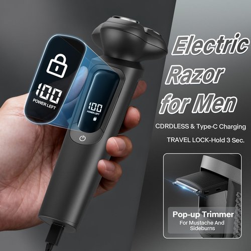 Electric Razor for Men, IPX8 Waterproof with Type-C Quick Charge, 3D Flex Blades & Pop-Up Trimmer, 60min Runtime, Travel Lock, Wet & Dry Shave, Light Gray