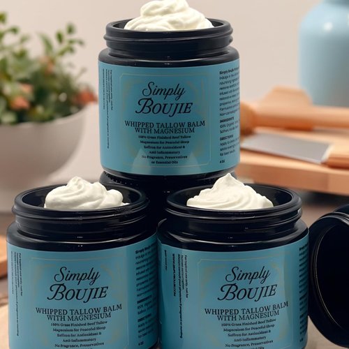 Simply Boujie Whipped Magnesium Tallow Butter 4oz Bedtime Body Balm 100% Grass Fed Tallow Unscented Moisturizer Hydrating Relaxing Balm with Saffron Rosehip Castor Oil Vitamin E