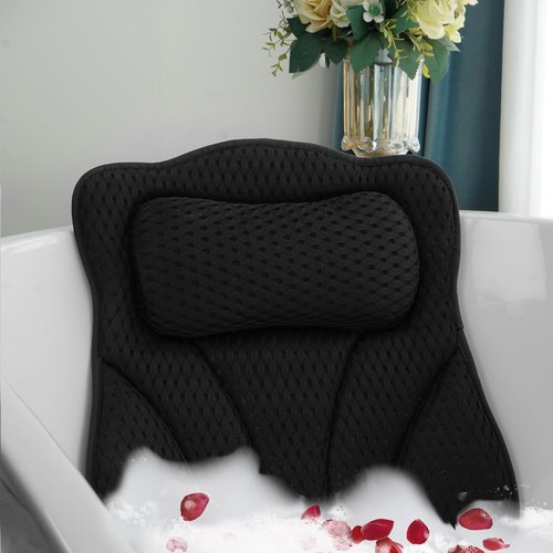 Joeyset Bath Pillows for Tub Head Neck Back Support, Bathtub Pillow 4D Breathable Air Mesh, Spa Relaxing Gifts for Women, Luxury Bathing Accessories with 6 Suction Cups and Hook(Black)