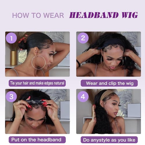 Prisyfab Body Wave Headband Wig Headband Wigs for Black Women Human Hair Glueless Wear and Go Glueless 100% Brazilian Virgin Human Hair Headband Wig 150% Density (16inch)