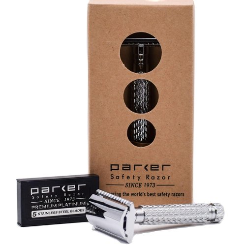 Parker 94R Double-Edge Safety Razor - Chrome-Plated Brass, Standard-Length Handle + 5 Premium Blades for Classic Wet Shaving