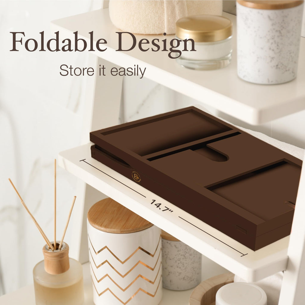 Wooden Bathtub Tray - Foldable & Expandable Bamboo Bath Tray for Tub with Wine Holder, Book & Tablet Stand - Bath Caddy Tray for Bathtub, Spa Bath Accessories, Tub Tray Table, (Brown)